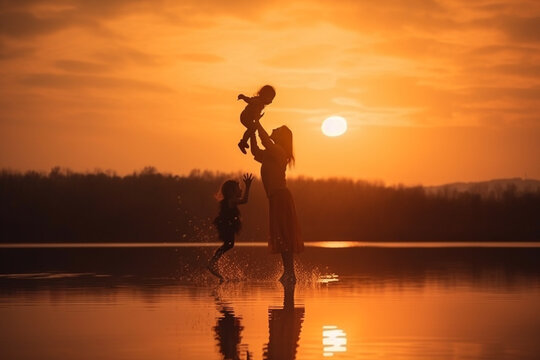 Silhouette of mother and daughter lifting child in air over scenic sunset sky at riverside  Generative AI