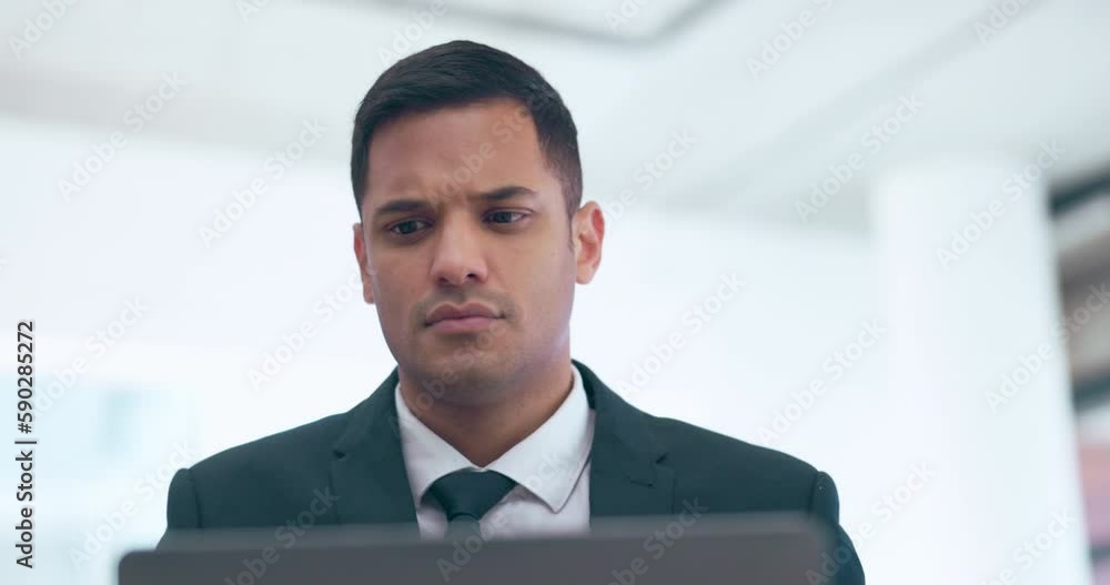 Aufkleber thinking, focus and business man on laptop reading internet review, data analytics or company report