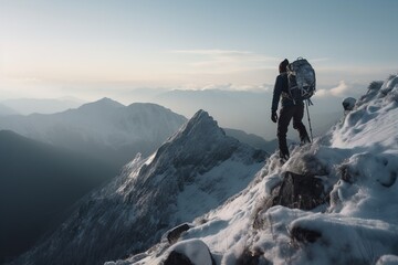 Obraz premium A man with backpack standing on top cliff with snowy mountain view during sunset. Generative ai