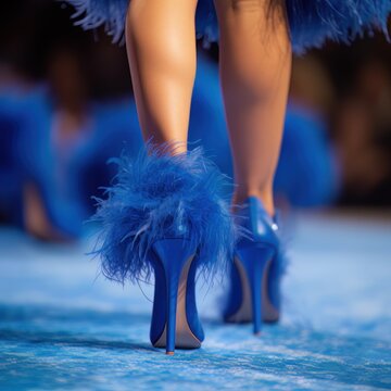 High blue shoes with natural feathers walking on a blue carpet. Generated AI