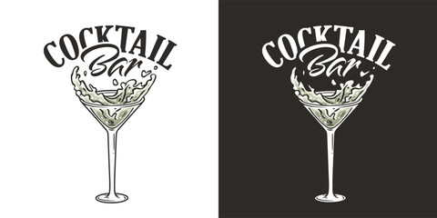 Martini vector with olives and splashes for alcohol cocktail bar or drink party. Logo design with glass of martini for bartender or barman