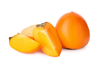 Naklejka na ściany i meble Whole and cut delicious ripe juicy persimmons on white background