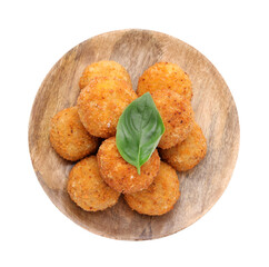 Wooden tray with delicious fried tofu balls and basil on white background, top view