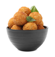 Bowl with delicious fried tofu balls and basil on white background