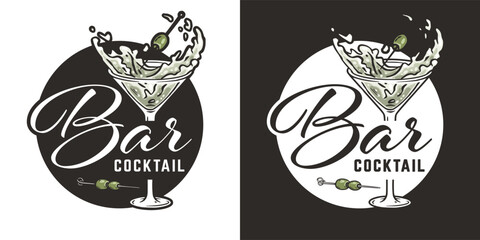 Martini vector with olives and splashes for alcohol cocktail bar or drink party. Logo design with glass of martini for bartender or barman