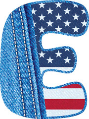 Letter E with the texture of blue denim fabric and US flag - The Monogram E with jean fabric and American flag- jean fabric alphabet A to Z - obrazy, fototapety, plakaty