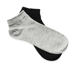Different socks isolated on white, top view