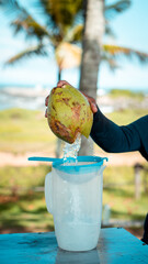 Mao de homem com blusa larga colocando agua de coco em jarro na praia 