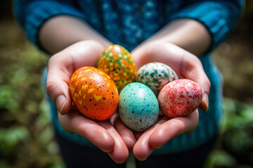 Fototapeta na wymiar Hands holding colorful Easter Eggs. Generative AI