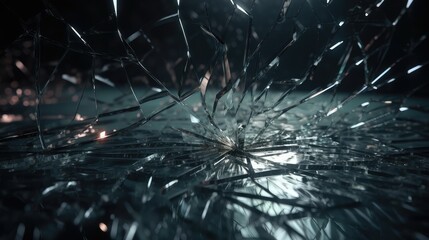 Broken and Cracked glass pieces, on dark background.