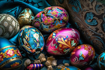 Fototapeta na wymiar Colorful pysanky Easter eggs, hand decorated, painted. Generative AI