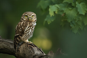 Little owl (Otus scops) in its natural habitat, sitting on a green tree branch with a forest in the backdrop; Bulgaria. Natural setting with wildlife, generative AI