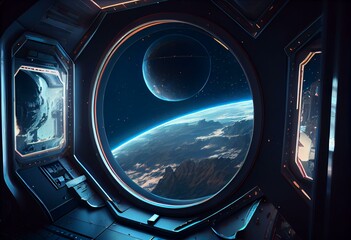 Plakat A futuristic spaceship interior in dark blue with a window view of Earth rendered in 3D. Generative AI