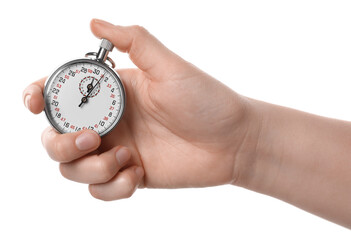 Woman holding vintage timer on white background, closeup