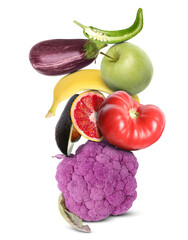 Stack of different vegetables and fruits isolated on white