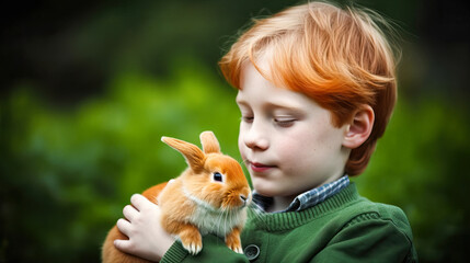 Happy child with cute Easter bunny rabbit, outside, Spring season. Generative AI