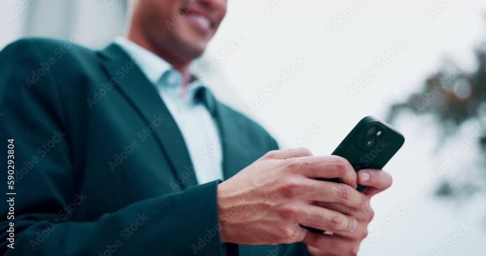 Aufkleber hands, phone and business man in city typing, communication and chat with networking on commute. tra