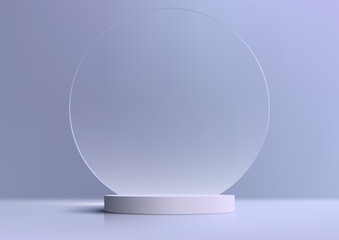3D realistic empty white podium platform with geometric circle transparent glass backdrop on blue background
