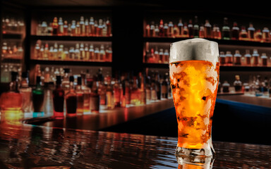 Draft or craft beer in a tall clear glass. With cold steam, White beer foam was placed on the reflective floor. There were water droplets on the floor. Most popular alcoholic beverages. 3D rendering