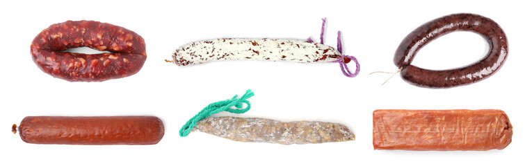 Collage with different delicious sausages on white background, top view