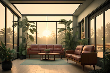 Interior Sun Room Plants Couch Tables Rug Forest Outside Plank Flooring Generative AI illustration