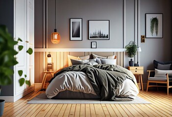 Modern Scandinavian bedroom with mockup, double bed, wallpaper, carpet, and parquet flooring. Generative AI