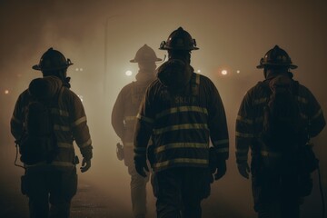 A group of firefighters dressed in protective gear are seen walking confidently through a dimly lit area illuminated by dramatic yellow lights. Generative AI