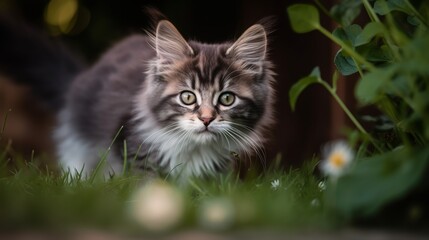 Naklejka na ściany i meble Playful Norwegian Forest Kitten in the Garden