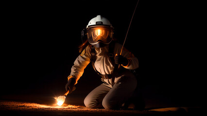 Fototapeta na wymiar Woman working with safety suit at night