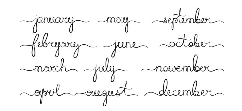 Months names line cursive handwritten set. Calendar months of year continuous calligraphic brush drawn script collection. Hand drawn lettering text for calendar and organizer, planner vector