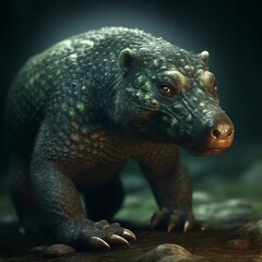 Bear with scaly skin, cave background, generative AI
