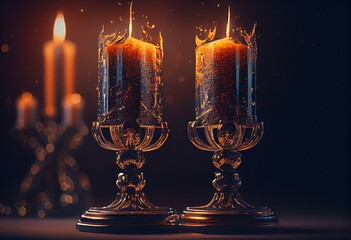 Two sparkling candlesticks aflame. Generative AI - obrazy, fototapety, plakaty