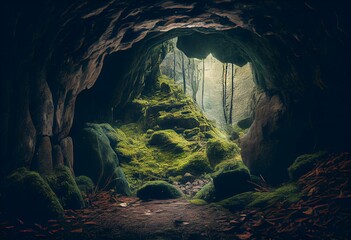 Cave entrance in mountains surrounded by green moss. Generative AI