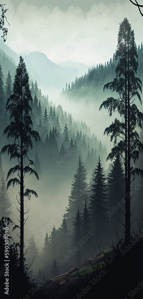 Poster trees and a foggy valley in a forest setting. generative ai
