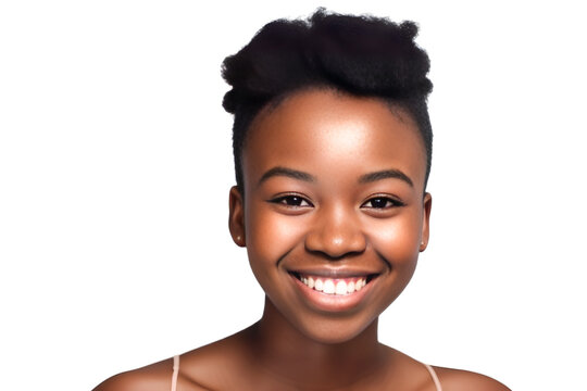 A Black woman is shown smiling and standing in front of a white background, illuminated by studio lighting. generative AI