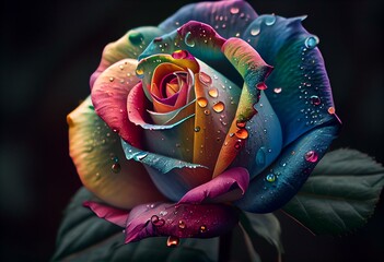 A rainbow rose with water droplets in bloom. Generative AI - obrazy, fototapety, plakaty
