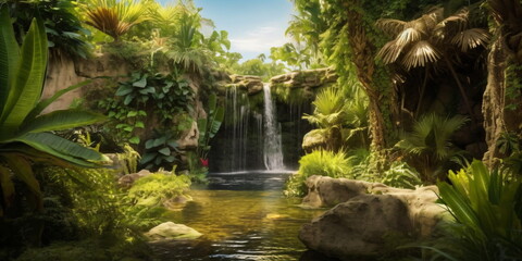 Wasserfall Panorama im tropischen Dschungel. Schöner Natur Hintergrund - erstellt mit KI