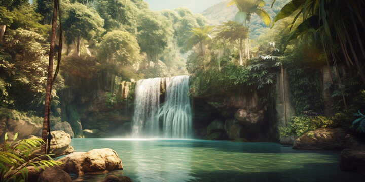Wasserfall Panorama im tropischen Dschungel. Schöner Natur Hintergrund - erstellt mit KI