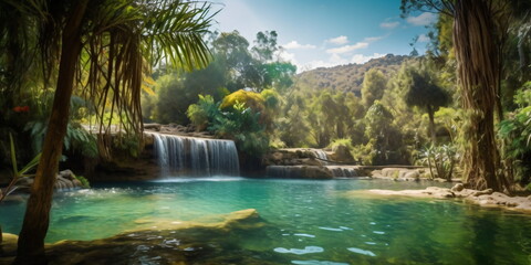 Beautiful waterfall in jungle with palm trees and sunshine background image - created with AI 