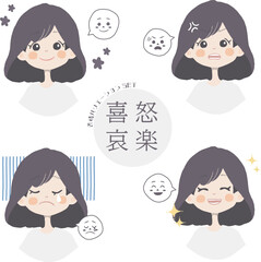 女の子の喜怒哀楽の表情4種セットイラスト