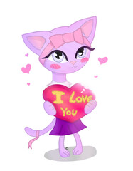 Cute kitten with plush i love you heart, big purple fluffy eyes.