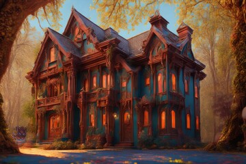 Fototapeta premium a painting of a huge scary house in a forest. Generative AI