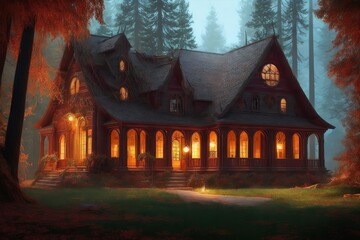 Obraz premium a painting of a huge scary house in a forest on a foggy night with a lot of lights. Generative AI
