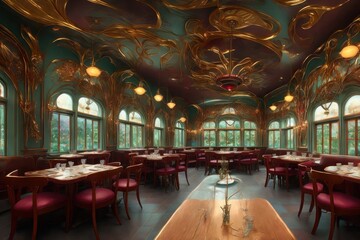 Fototapeta na wymiar a painting of the interior of a luxury restaurant. Generative AI