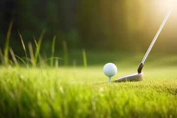 Golf ball and club on green grass, Generative AI