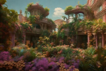 Obraz premium a painting of a beautiful magic hanging graden with a lot of different plants and flowers and a monument building on a sunny day. Generative AI
