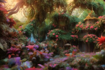 a painting of a beautiful magic forest with a lot of different plants and flowers on a sunny day. Generative AI