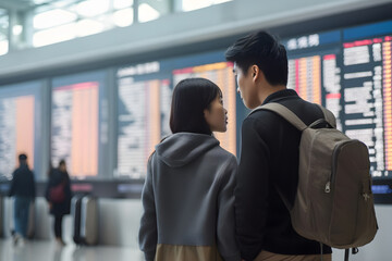 Fototapeta na wymiar Asian couple tourist looking at flight schedules for checking take off time. Generative AI