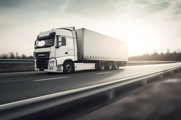 White big rig long haul semi truck at high speed on freeway. Generative AI