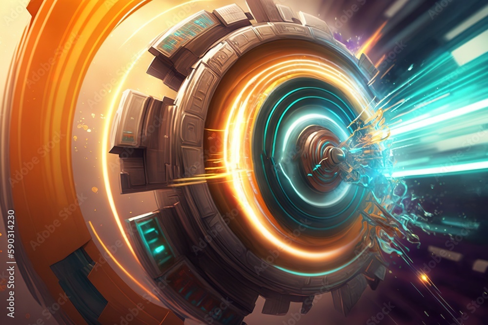 Poster animated gif depiction of a time machine from the future spinning at high speed as it works. generat